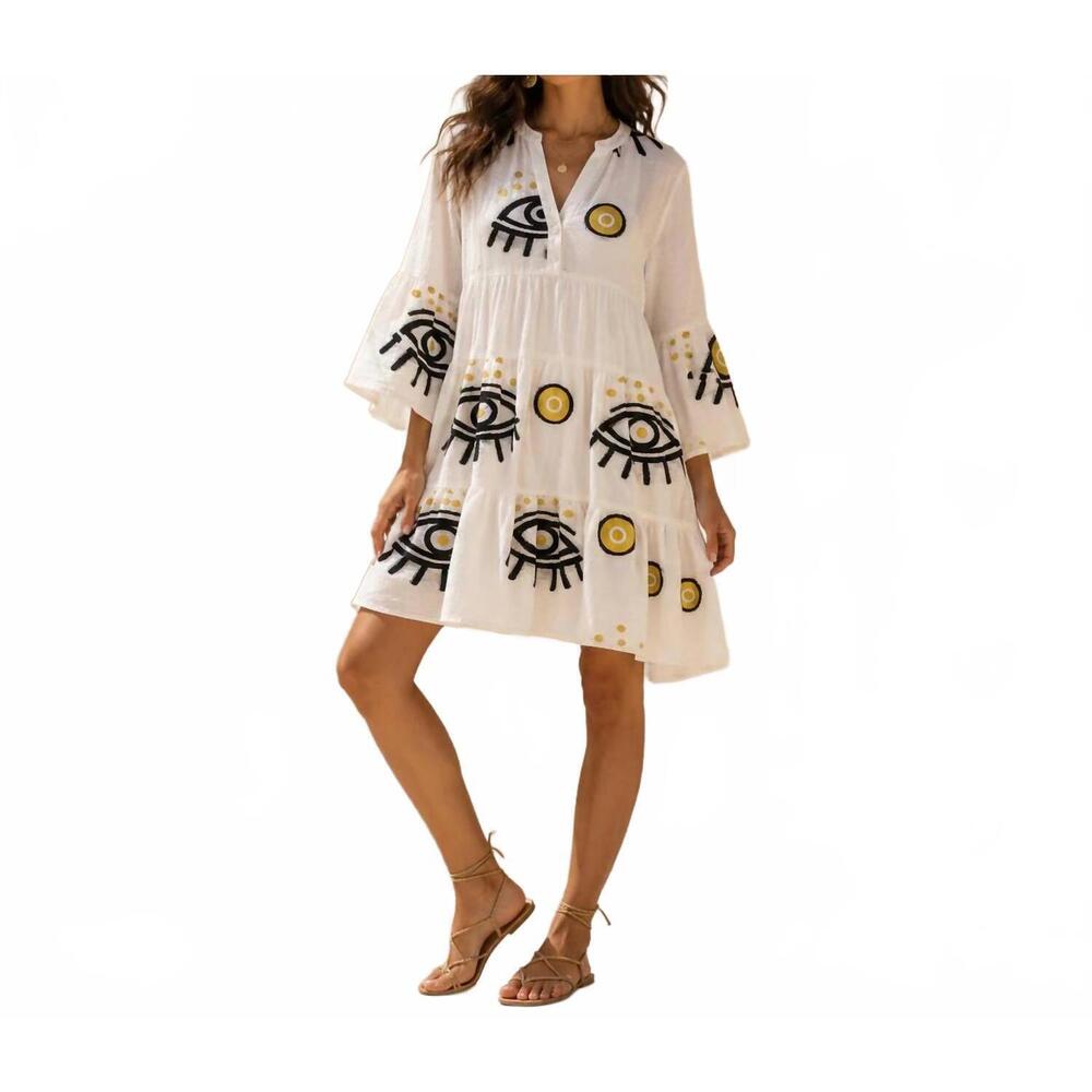 NEW MYSTERY RESORT evil eye mini dress in white